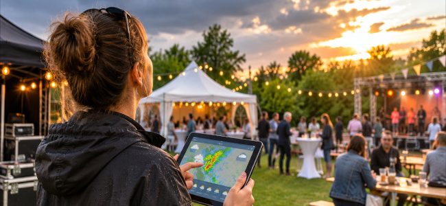 Organisatrice consultant les prévisions météo sur une tablette pendant l'installation d'un événement en plein air avec scène et chapiteaux